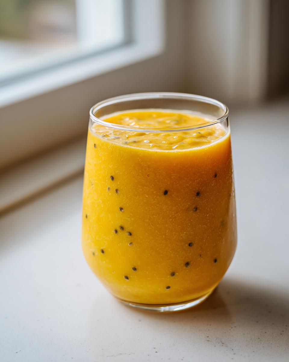 Close-up of a vibrant yellow Pineapple Passion Fruit Smoothie with visible passion fruit seeds in a clear glass.