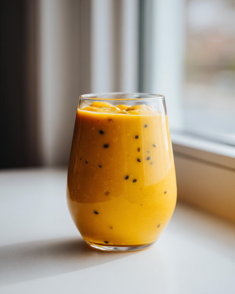Close-up of a vibrant, thick Pineapple Passion Fruit Smoothie with visible black seeds, sitting on a white surface near a window.