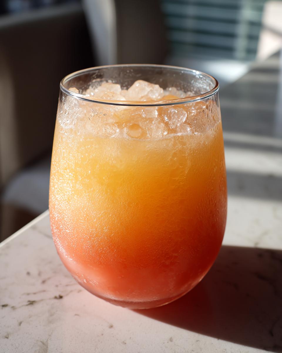 Close-up of a vibrant, layered Pineapple Watermelon Mocktail filled with crushed ice on a white marble surface.