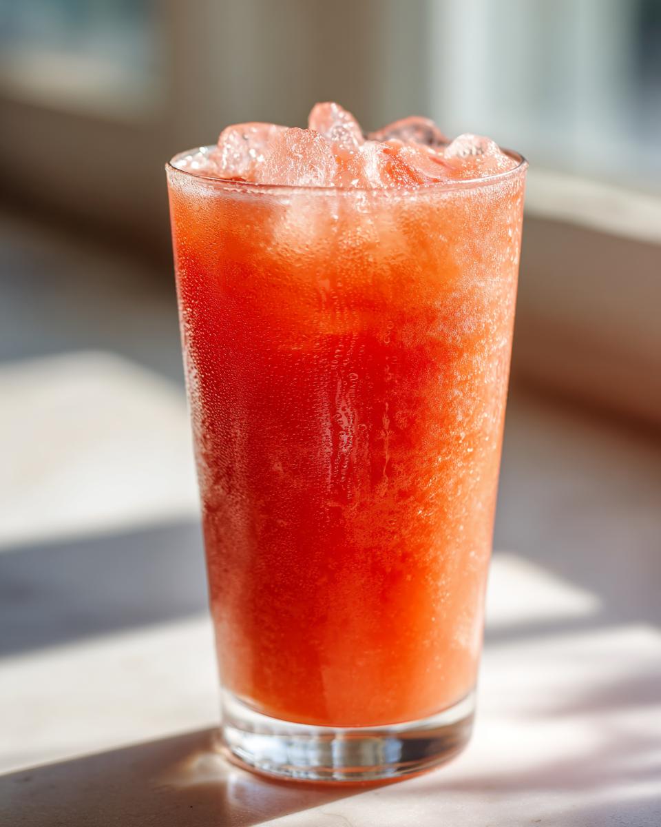 A tall glass filled with a vibrant red Pineapple Watermelon Mocktail, topped with crushed ice and showing condensation.