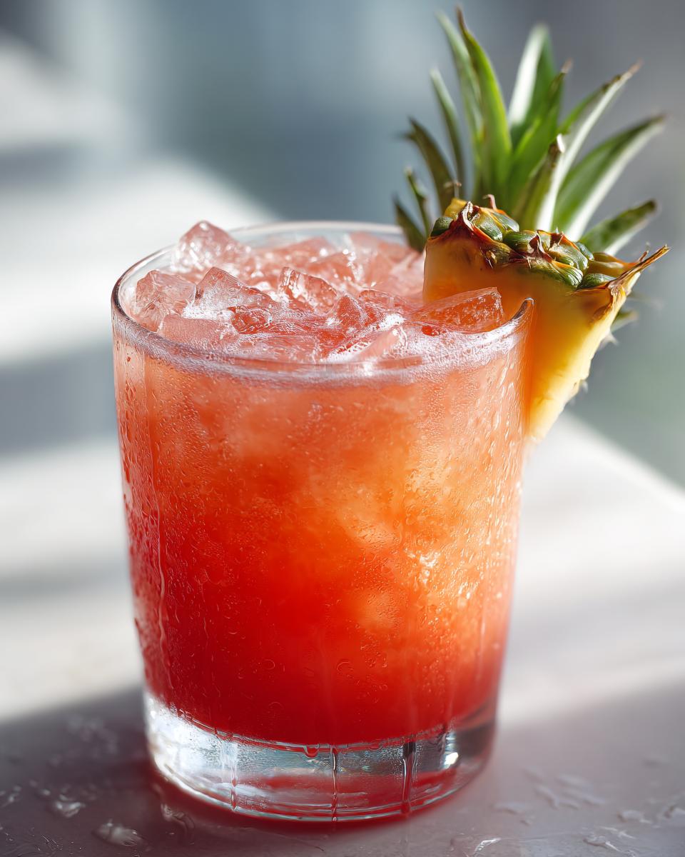 Close-up of a vibrant red and orange Pineapple Watermelon Mocktail filled with crushed ice and garnished with a pineapple wedge.