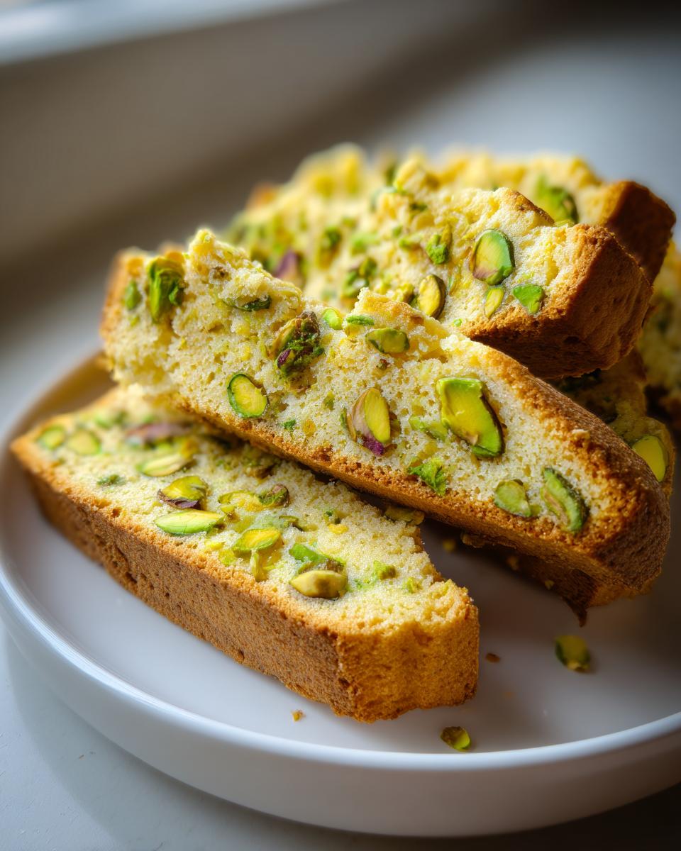 Close-up of several golden-brown slices of Pistachio Biscotti studded with bright green nuts, served on a white dish.