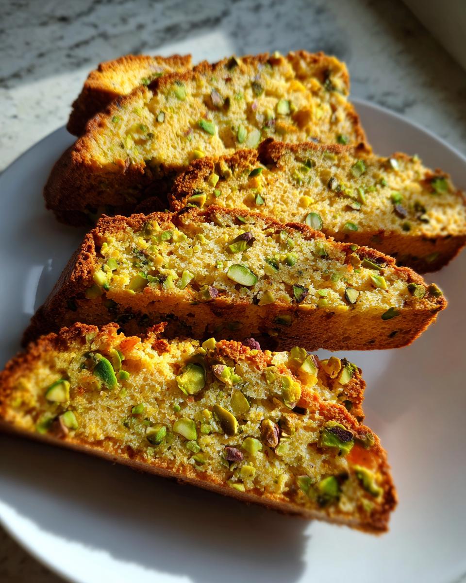 Four golden-brown slices of Pistachio Biscotti, studded with bright green nuts, arranged on a white plate.