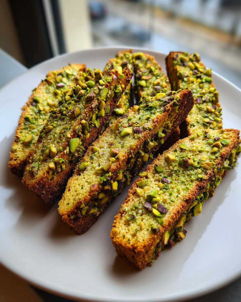 A plate of freshly baked Pistachio Biscotti slices, heavily topped with chopped green pistachios.