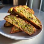 Close-up of several slices of golden Pistachio Biscotti stacked on a white plate, featuring visible green pistachio pieces.