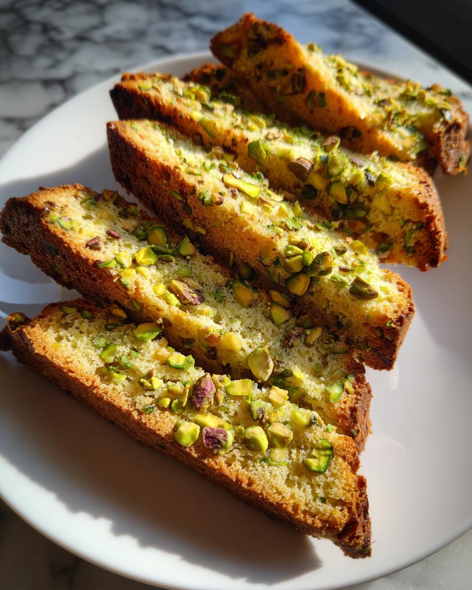 Four golden-brown slices of Pistachio Biscotti, studded with bright green chopped pistachios, arranged on a white plate.