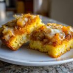 Two halves of a savory Polenta Cakes With Apples And Cheddar slice showing the yellow interior and caramelized onion/apple topping.