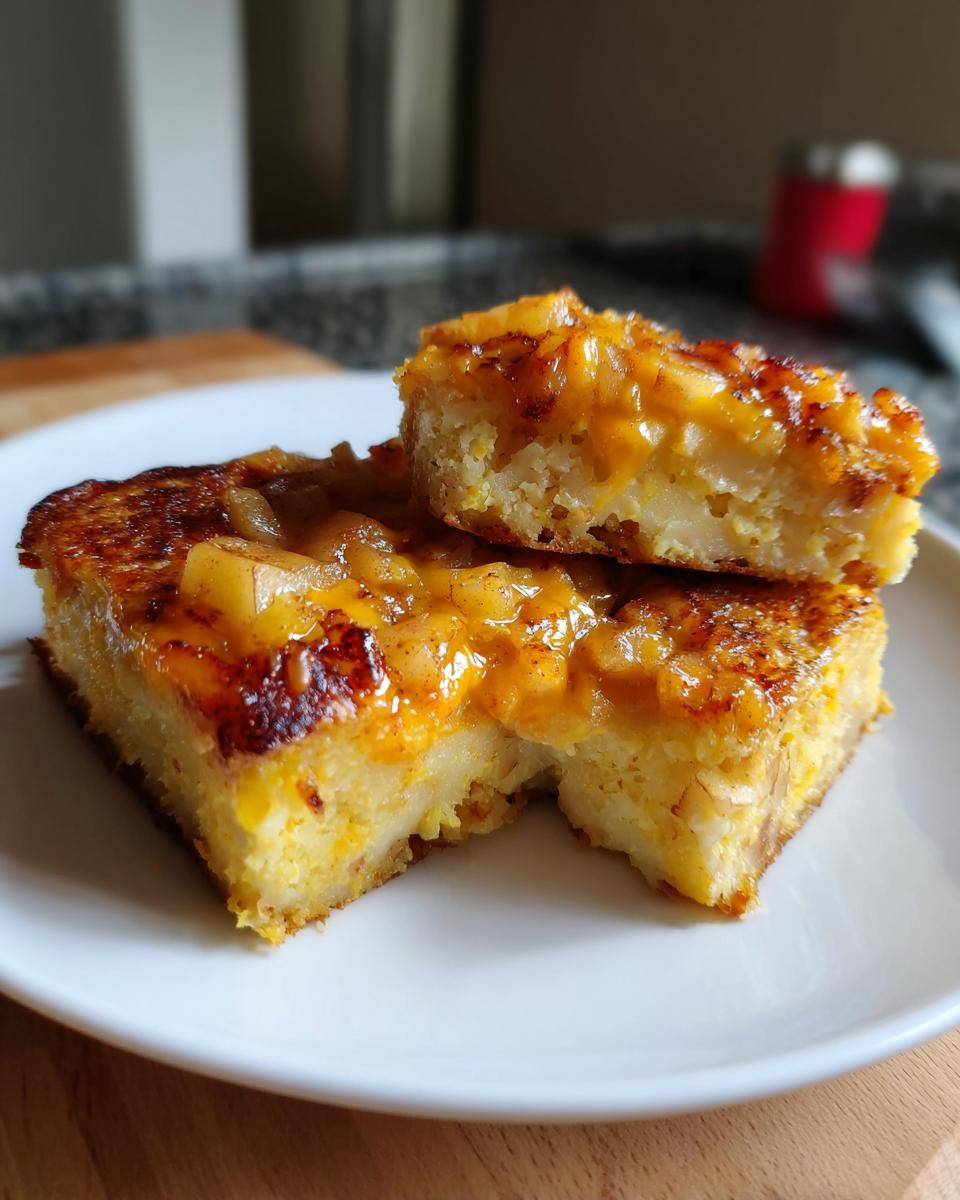Two stacked slices of golden Polenta Cakes With Apples And Cheddar topped with caramelized apple chunks.