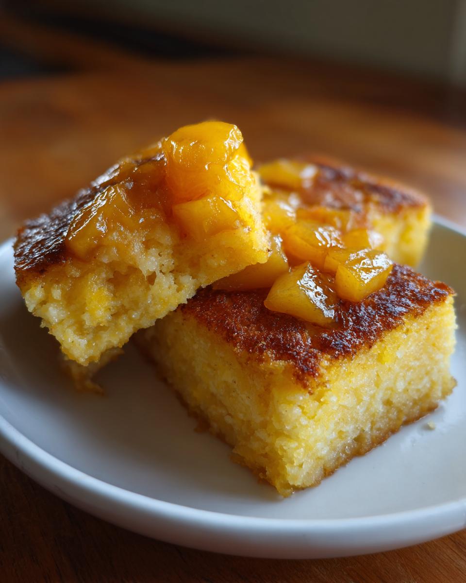Close-up of two square Polenta Cakes With Apples And Cheddar topped with caramelized fruit pieces on a white plate.