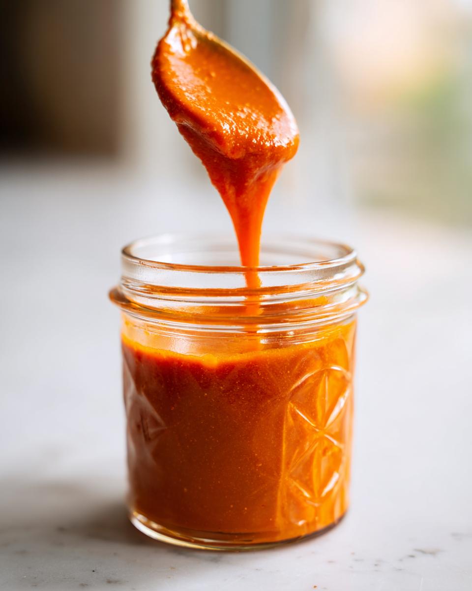 A spoonful of vibrant orange Jamaican Scotch Bonnet Pepper Sauce is being poured into a small glass jar.