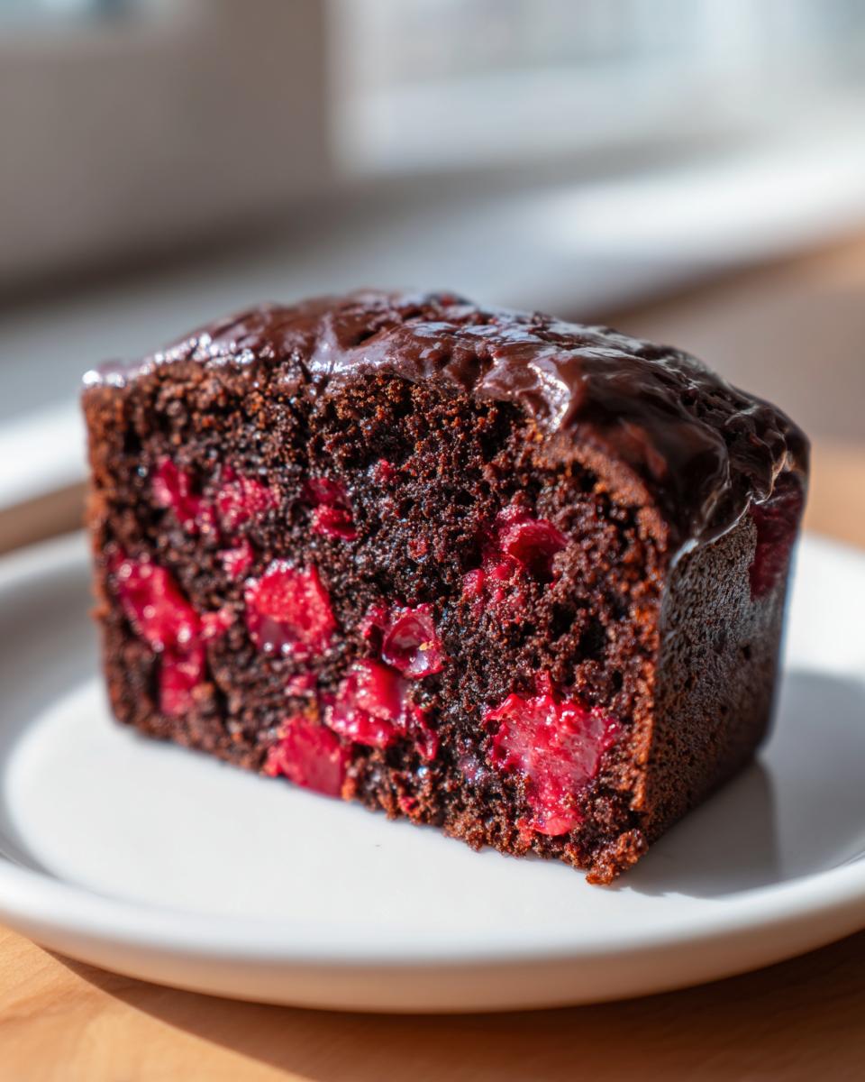 Close-up of a slice of Quick Cherry Chocolate Cake, showing dark chocolate crumb studded with bright red cherries and topped with a chocolate glaze.