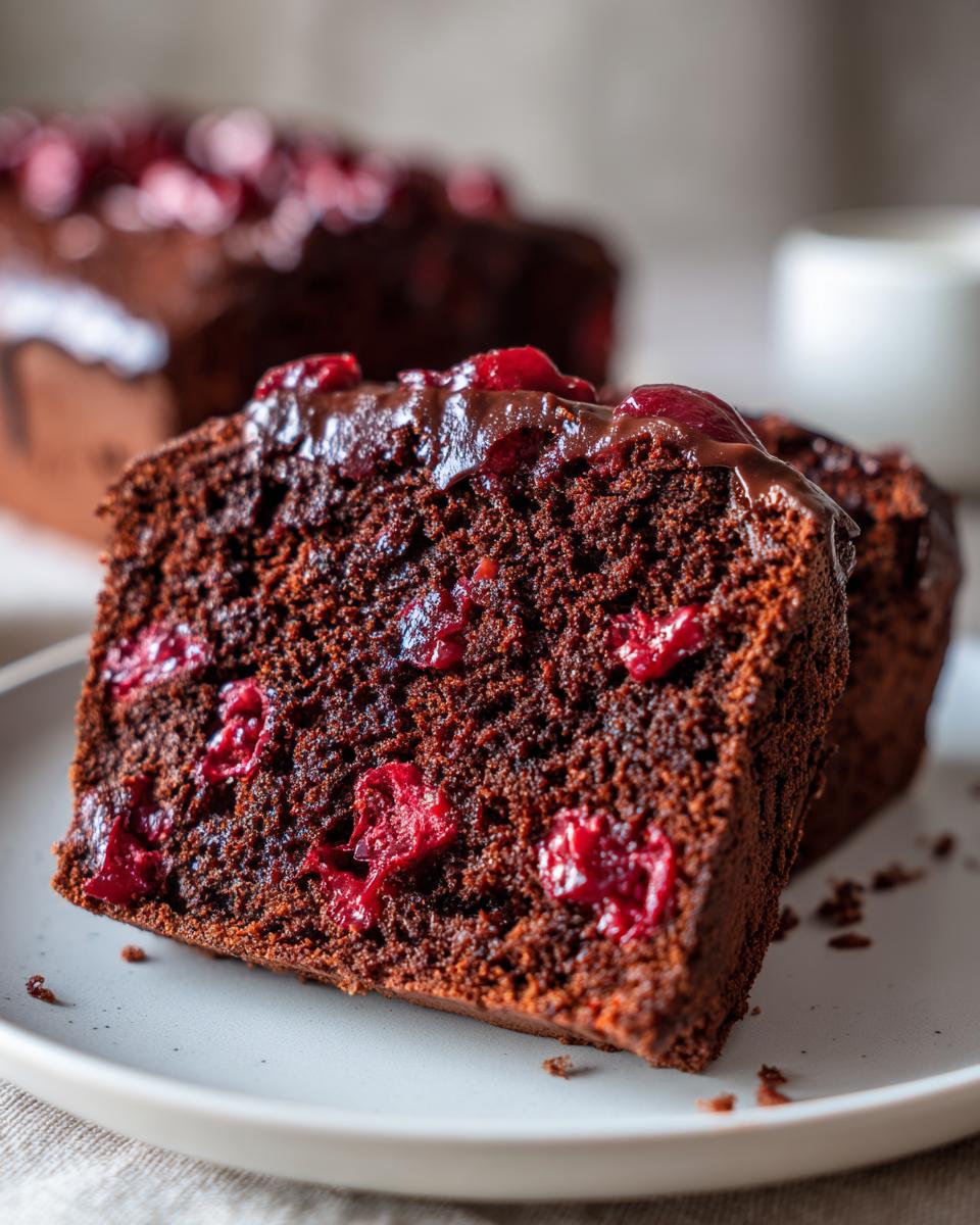 Close-up of a moist slice of Quick Cherry Chocolate Cake showing dark chocolate crumb and bright red cherries.
