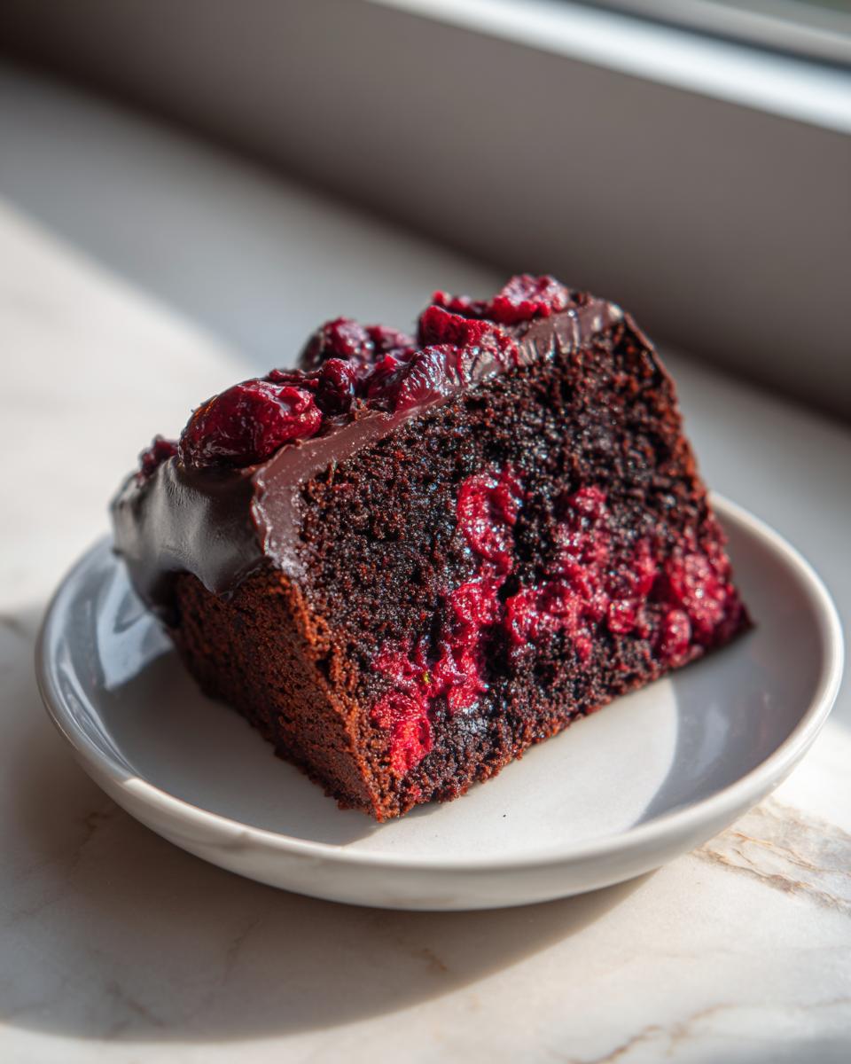 A moist slice of Quick Cherry Chocolate Cake with rich chocolate ganache and whole cherries.
