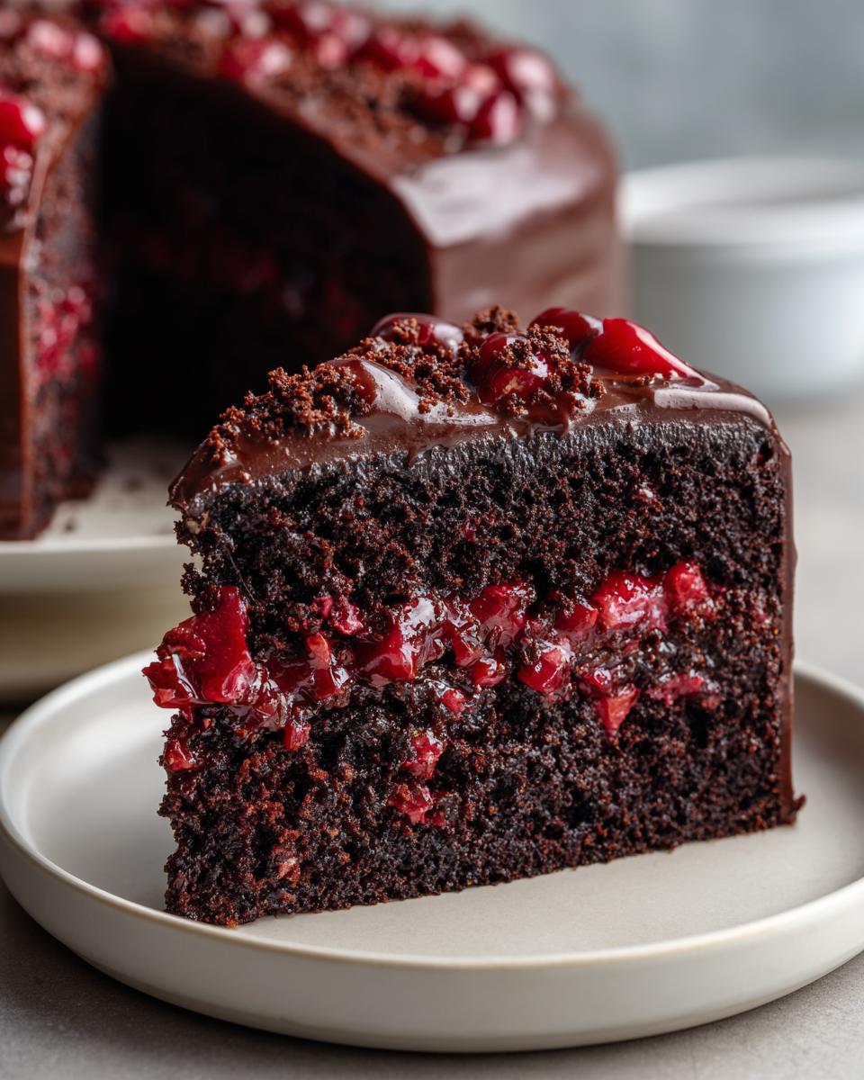 A decadent slice of Quick Cherry Chocolate Cake showing rich dark layers and bright red cherry filling.