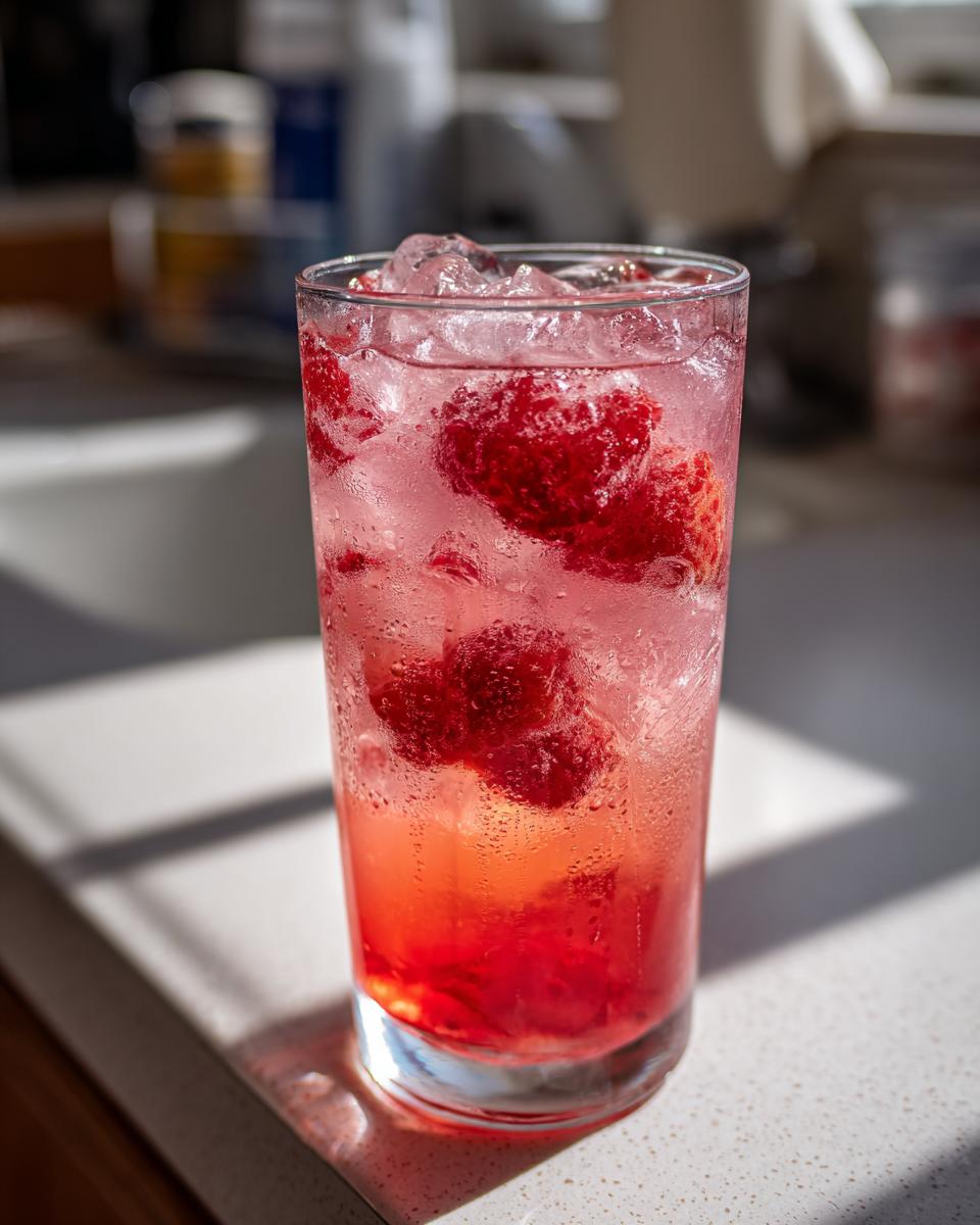 Tall glass of icy Raspberry Peach Lemonade filled with bright red raspberries, condensation on the glass.