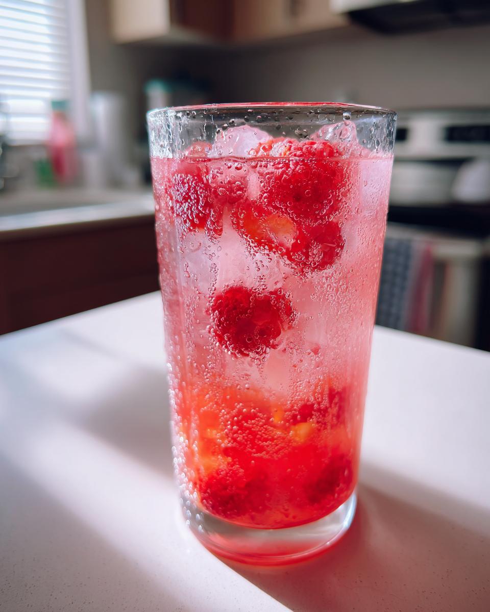 Close-up of a tall glass filled with icy Raspberry Peach Lemonade, featuring whole raspberries and condensation.