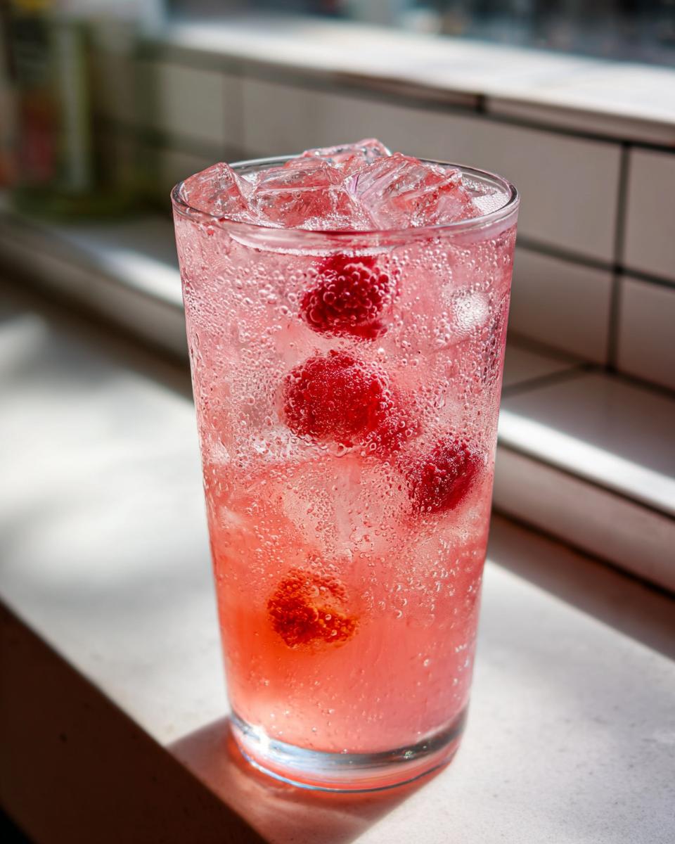 A tall glass of fizzy Raspberry Peach Lemonade filled with ice cubes and whole raspberries.