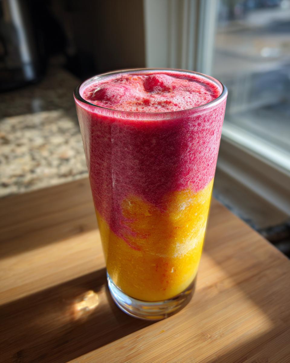 A tall glass showing a vibrant, layered Raspberry Pineapple Smoothie with a yellow base and a deep pink top layer.