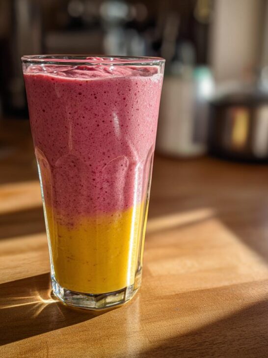 A tall glass of layered Raspberry Pineapple Smoothie with bright pink and yellow sections sitting on a wooden counter.