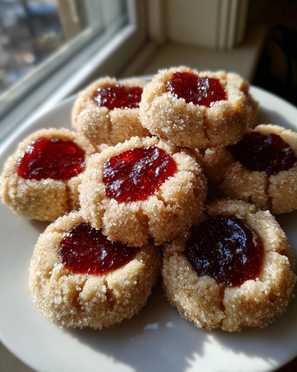 A plate of freshly baked Raw Sugar Thumbprint Cookies, coated in coarse sugar and filled with bright red jam.