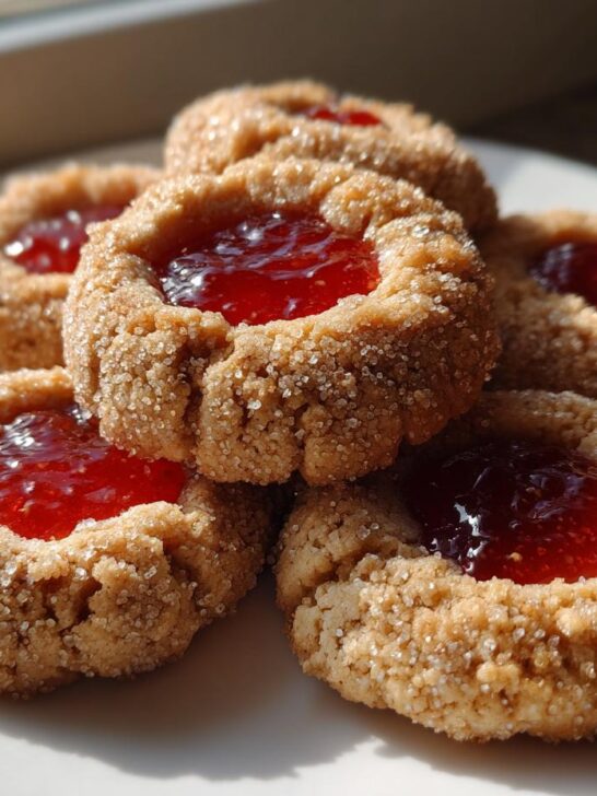 A stack of five golden Raw Sugar Thumbprint Cookies, rolled in coarse sugar and filled with bright red jam, sitting on a white plate.