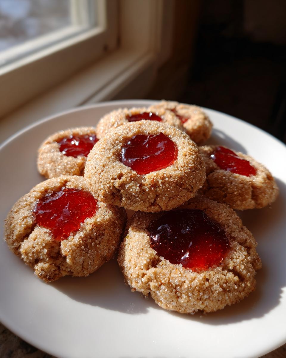Close-up of several Raw Sugar Thumbprint Cookies rolled in sugar and filled with bright red jam, resting on a white plate.