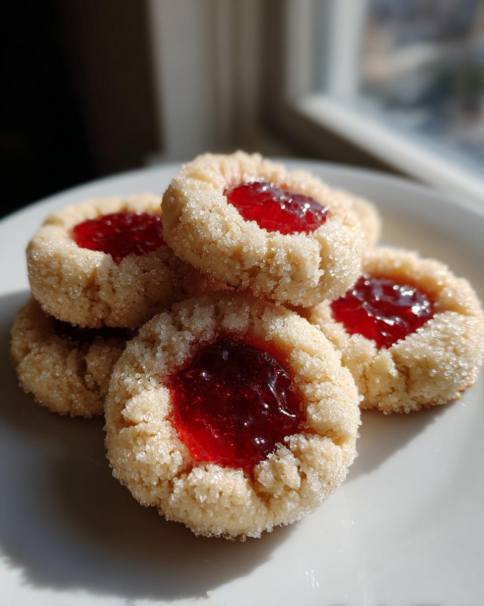 A close-up stack of four Raw Sugar Thumbprint Cookies coated in coarse sugar with bright red jam centers.