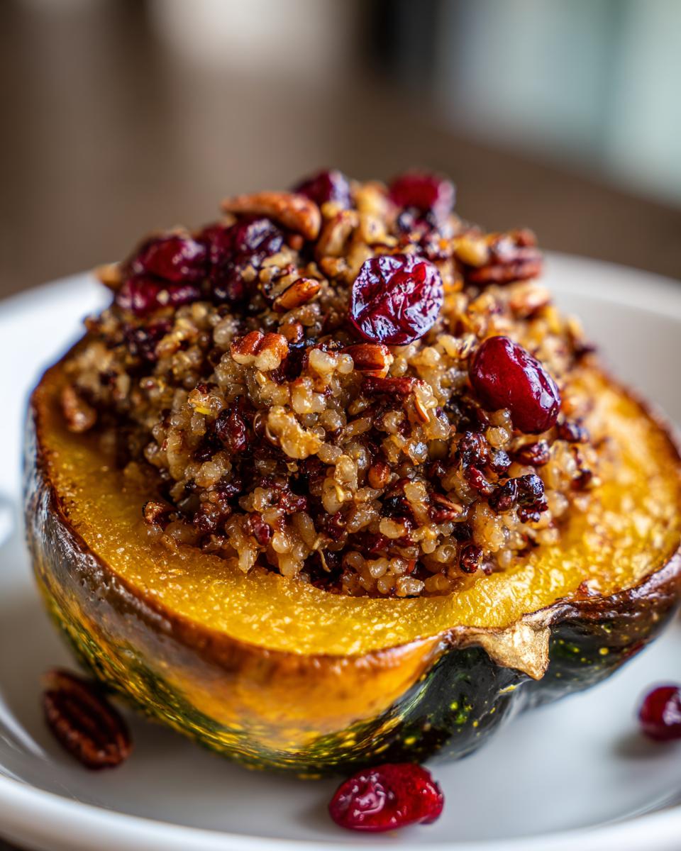 A close-up of a roasted acorn squash half filled with quinoa stuffing, topped with pecans and dried cranberries, showcasing the Rice Stuffed Acorn Squash.