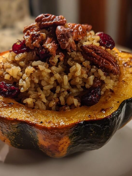 A close-up of a roasted acorn squash half filled with savory Rice Stuffed Acorn Squash mixture, topped with pecans and dried cranberries.