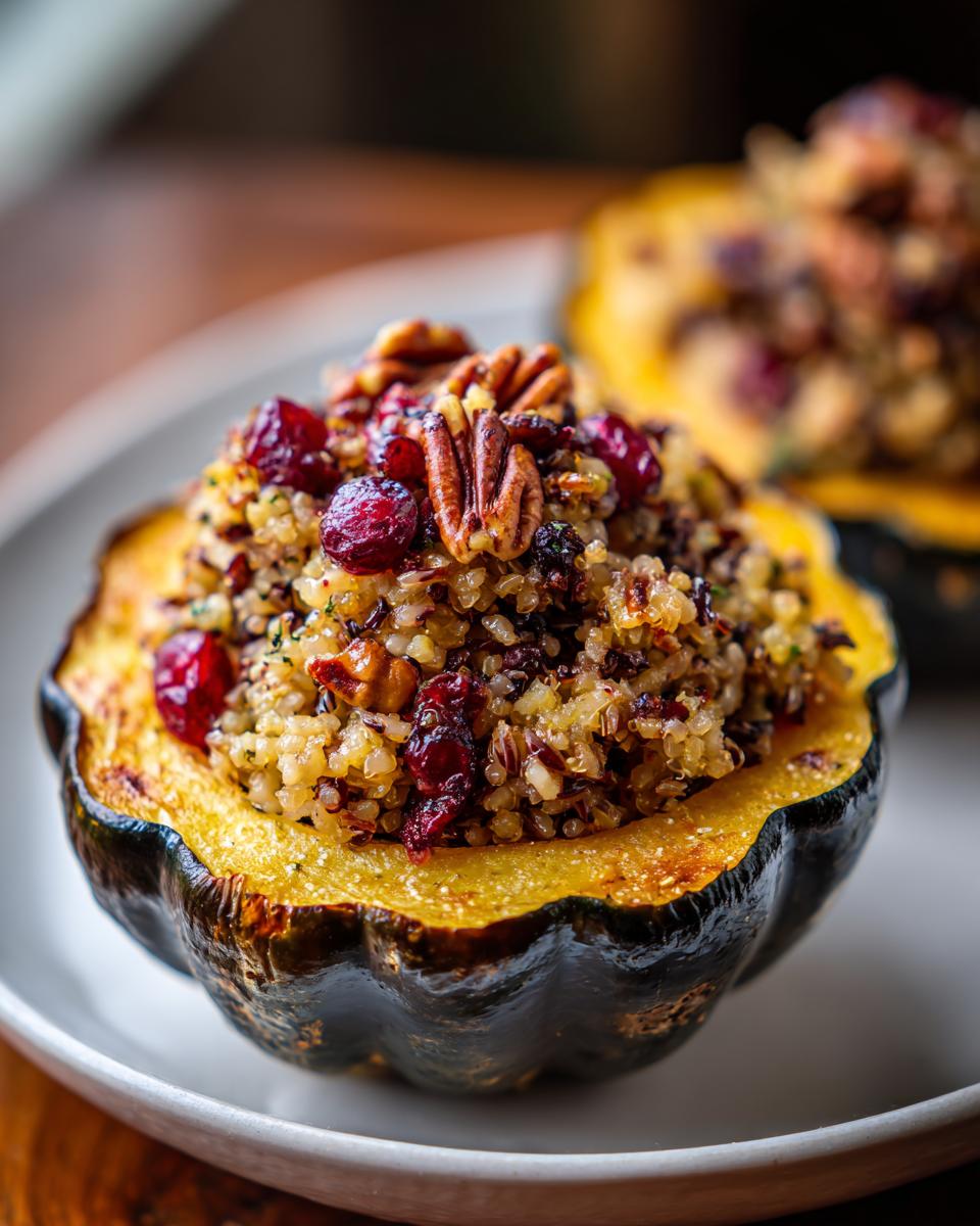 A close-up of a baked acorn squash half filled with savory Rice Stuffed Acorn Squash mixture, topped with pecans and cranberries.