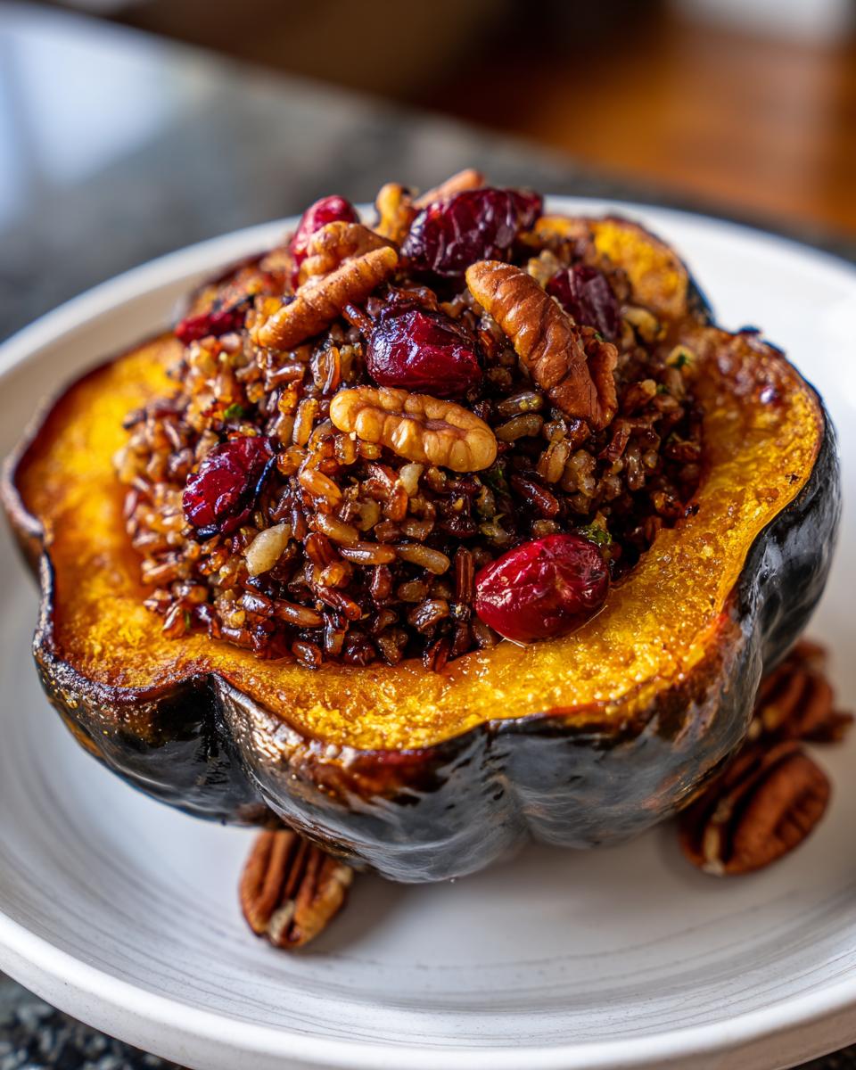 A roasted acorn squash half filled with savory rice stuffing, topped with pecans and cranberries for Rice Stuffed Acorn Squash.