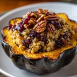 A close-up of a roasted acorn squash half filled with savory Rice Stuffed Acorn Squash mixture, topped with pecans and dried cranberries.