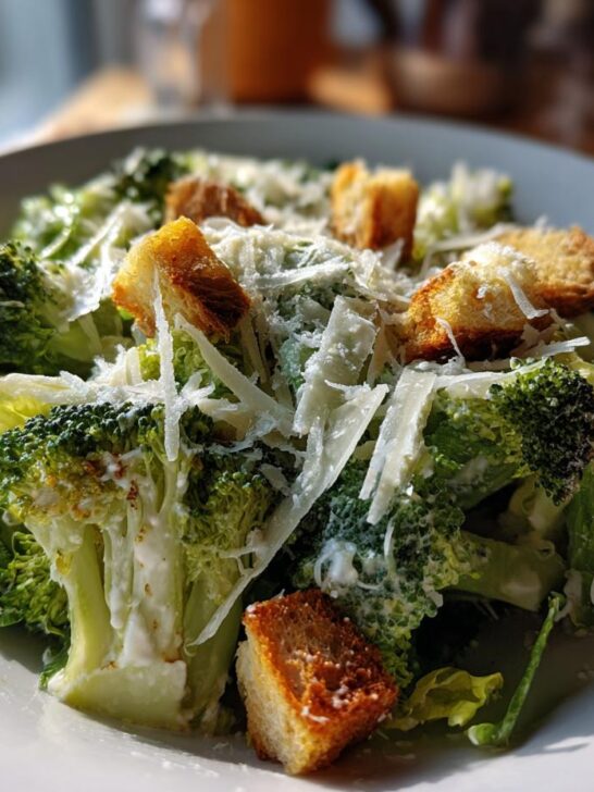 A close-up of a Roasted Broccoli Caesar Salad featuring roasted broccoli florets, romaine lettuce, shaved Parmesan cheese, and golden croutons.