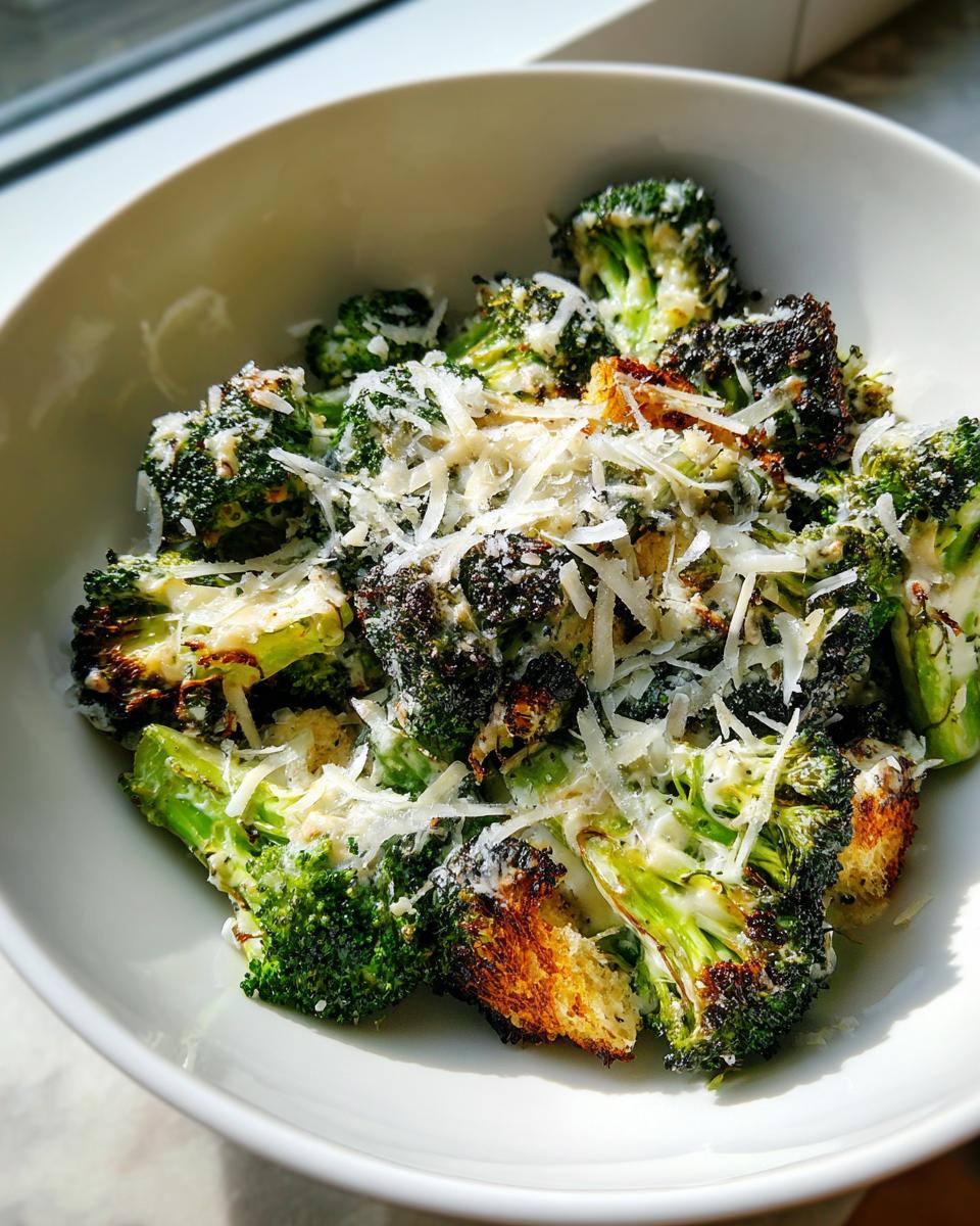Close-up of Roasted Broccoli Caesar Salad florets tossed in dressing and topped with shaved Parmesan cheese in a white bowl.