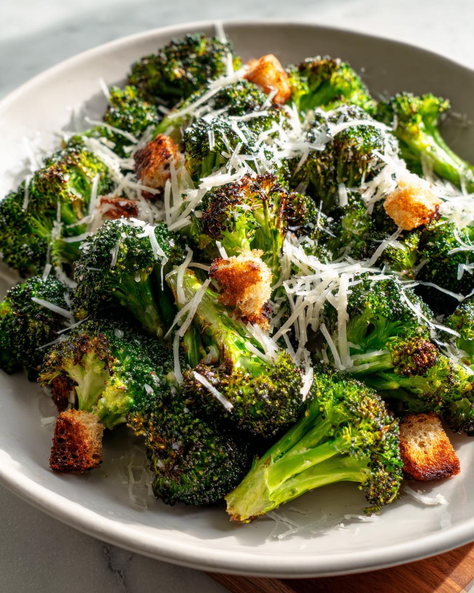 Close-up of Roasted Broccoli Caesar Salad topped with shredded Parmesan cheese and crispy croutons.