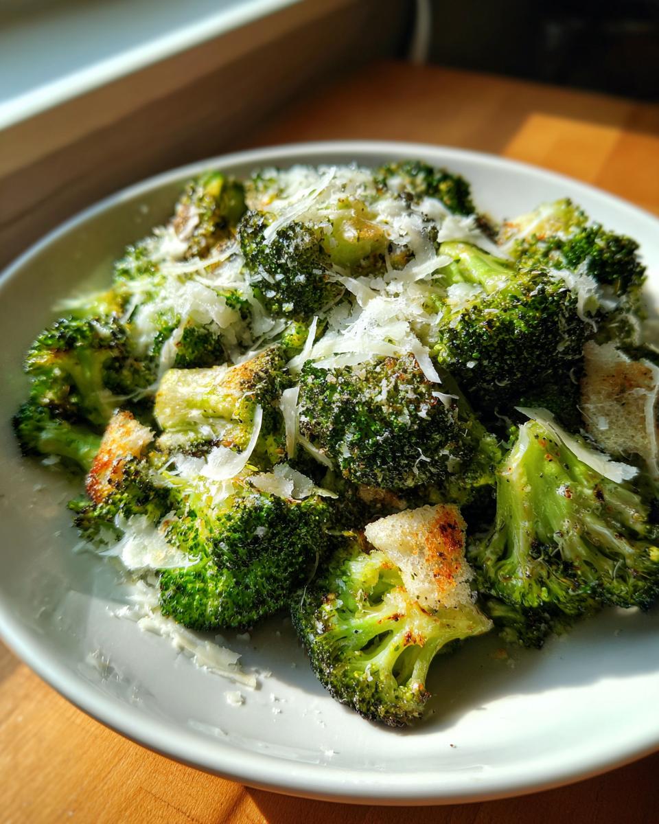 Close-up of roasted broccoli florets topped with shaved Parmesan cheese, resembling a Roasted Broccoli Caesar Salad.