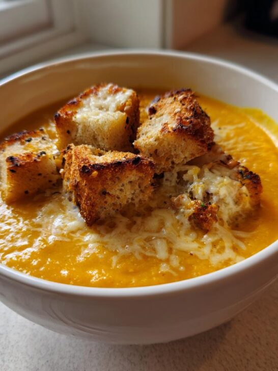 A bowl of vibrant orange Roasted Carrot Soup topped with golden cheesy croutons.