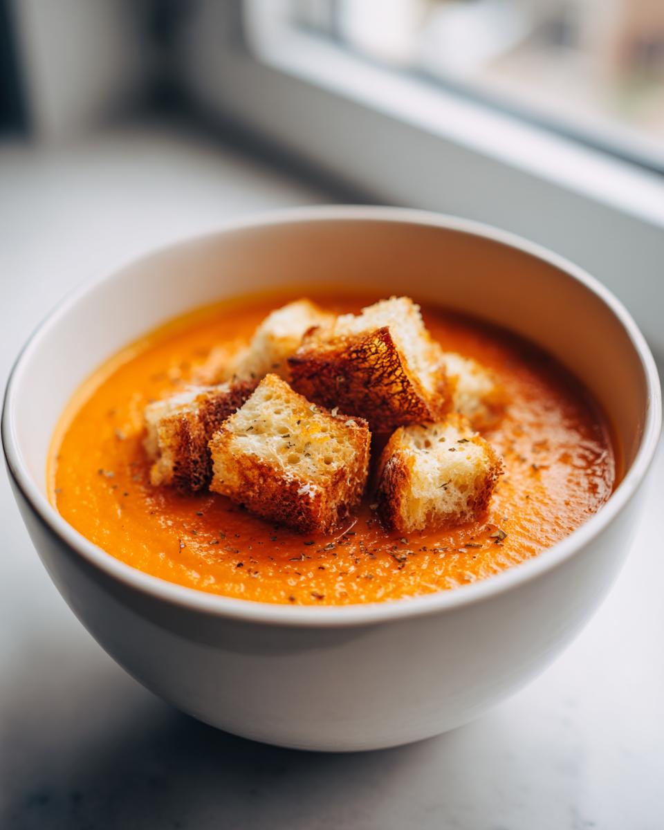 A close-up of vibrant orange Roasted Carrot Soup topped with golden, cheesy croutons.