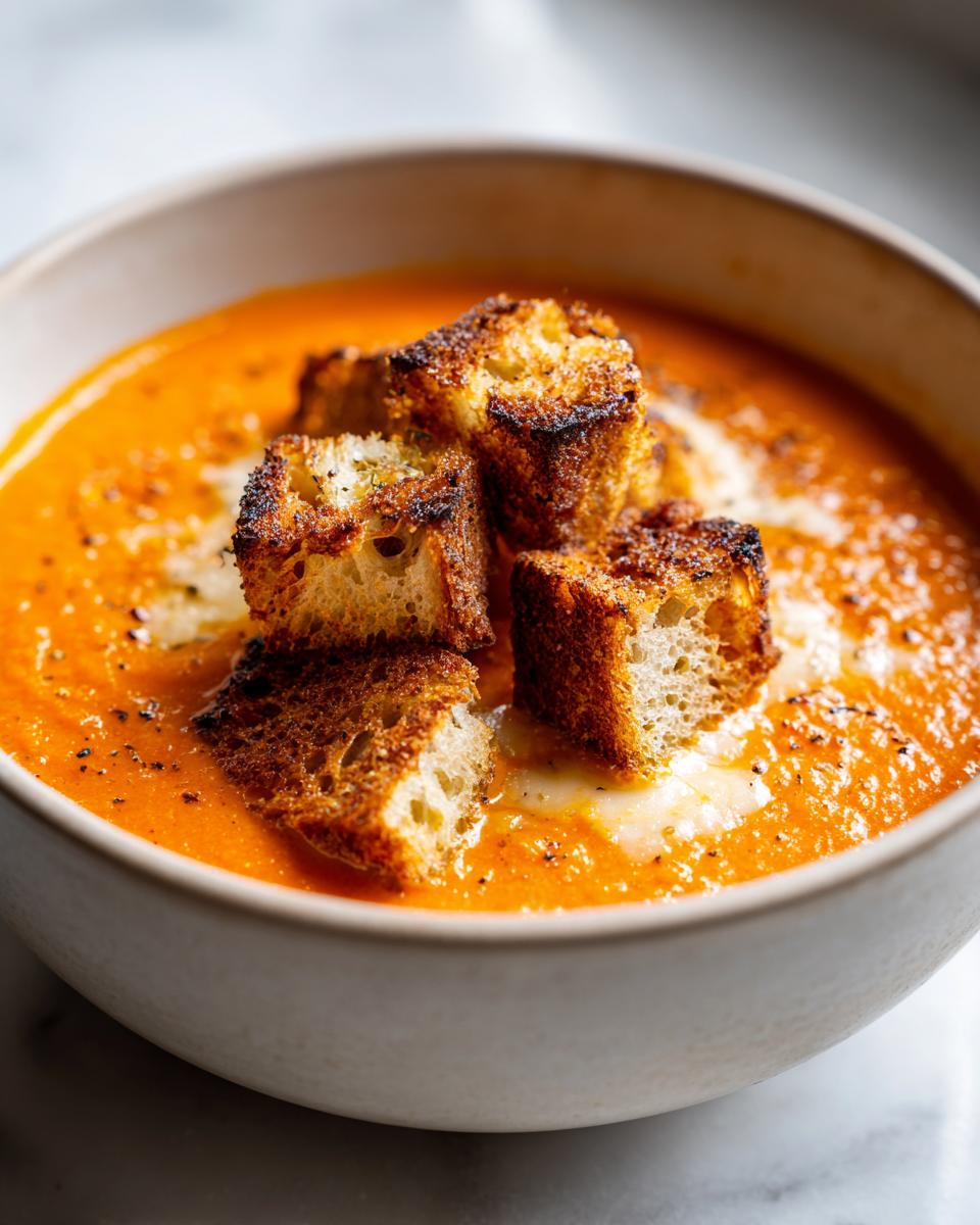 A close-up of vibrant orange Roasted Carrot Soup topped with golden, crusty Cheesy Croutons and a swirl of cream.