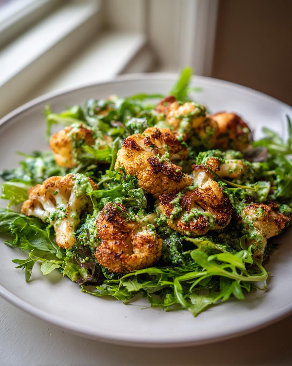 Close-up of Roasted Cauliflower Green Goddess Salad featuring crispy roasted cauliflower florets over mixed greens with a vibrant green dressing.