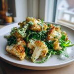 Close-up of Roasted Cauliflower Green Goddess Salad featuring charred cauliflower florets over arugula, drizzled with green dressing.