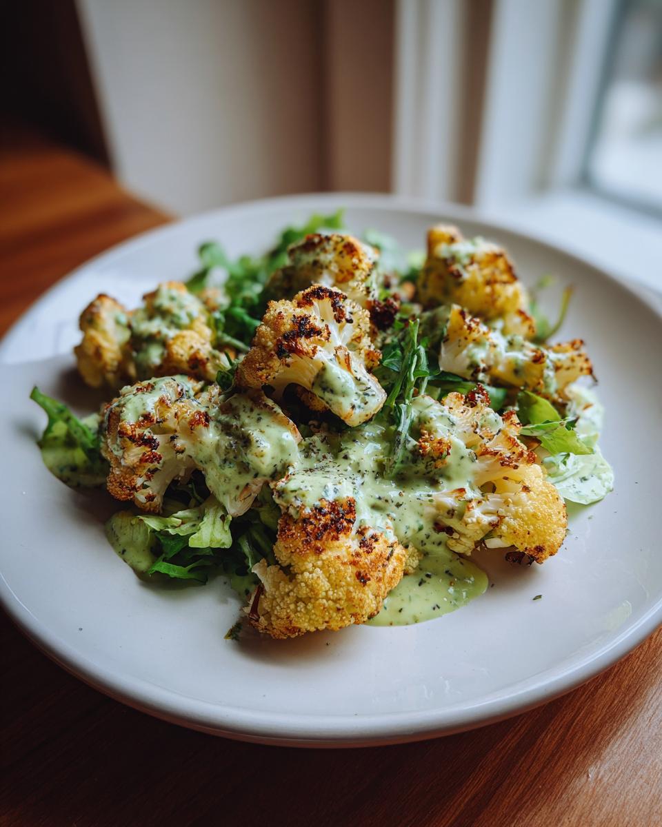 Close-up of Roasted Cauliflower Green Goddess Salad featuring roasted cauliflower florets drizzled with creamy green dressing over mixed greens.