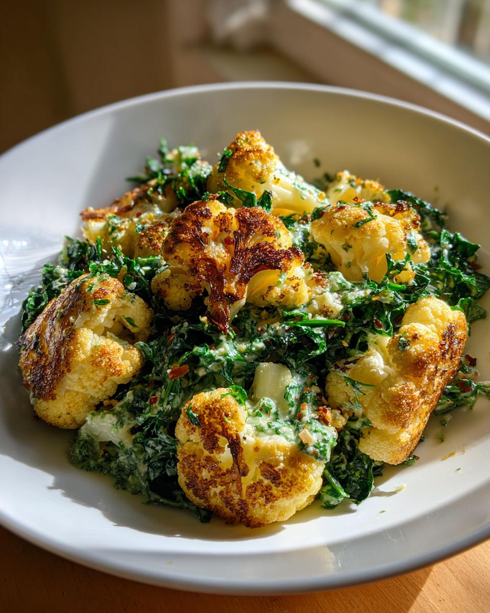 Close-up of Roasted Cauliflower Green Goddess Salad featuring golden roasted florets over creamy green dressing and herbs.