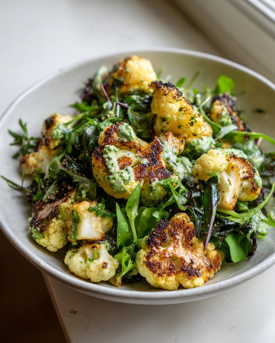 Close-up of a Roasted Cauliflower Green Goddess Salad featuring charred cauliflower florets over mixed greens with green dressing.
