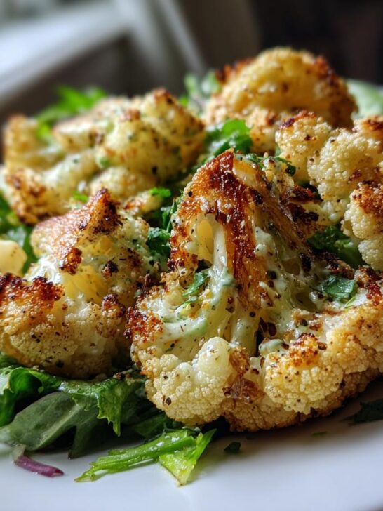 Close-up of perfectly roasted cauliflower florets served over green lettuce, drizzled with Green Goddess dressing.