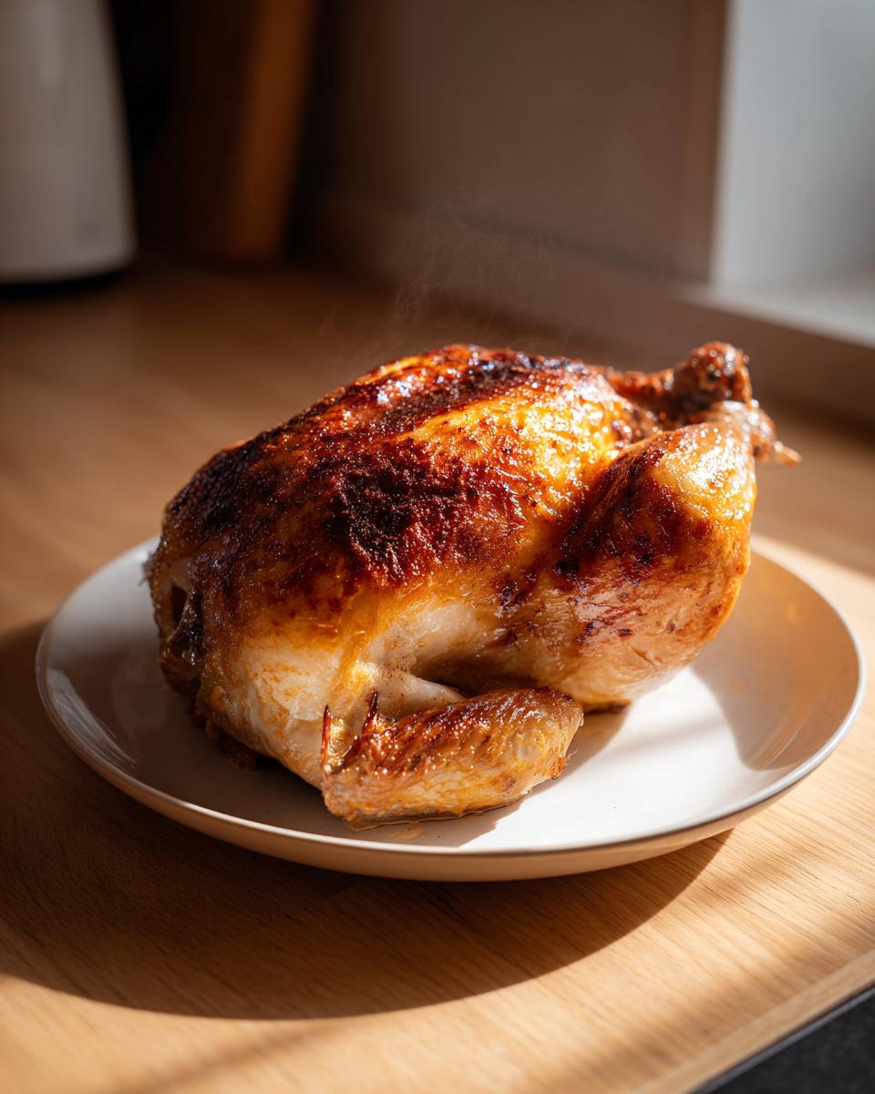 A whole, golden-brown roasted chicken, steaming slightly, resting on a white plate, representing the final result of Chicken In A Pot.