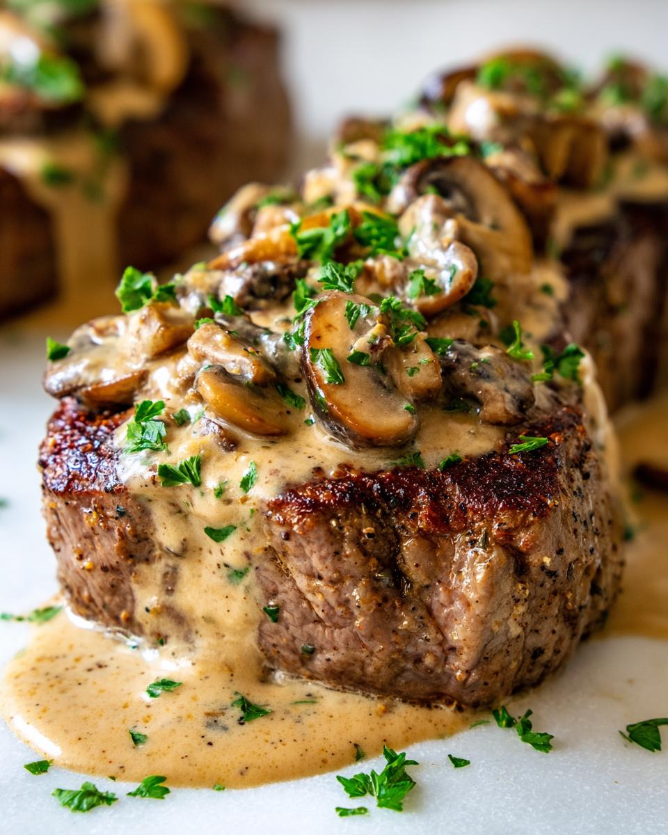Close-up of a perfectly seared round steak topped with rich, creamy Cognac sauce and saut&eacute;ed mushrooms.