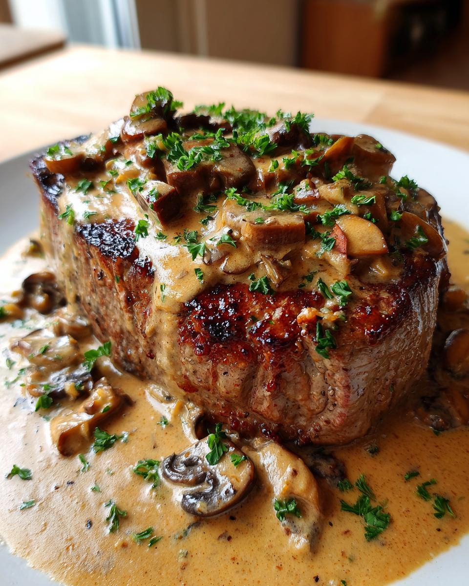 A thick, perfectly seared round steak smothered in creamy cognac sauce and sliced mushrooms.