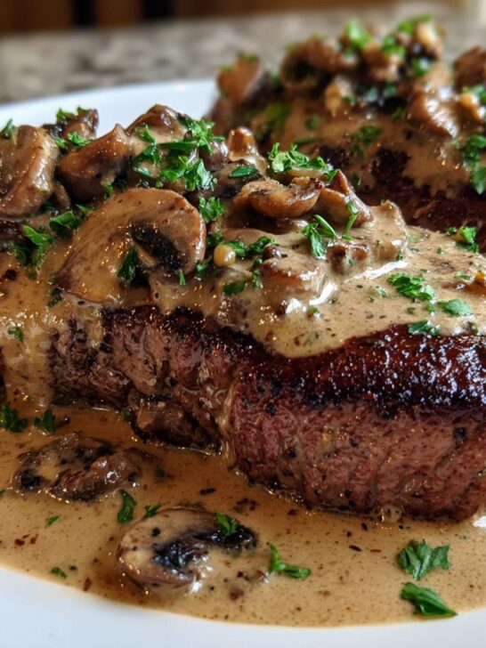 Two perfectly cooked Round Steaks With Creamy Cognac Sauce topped with saut&eacute;ed mushrooms and fresh parsley.