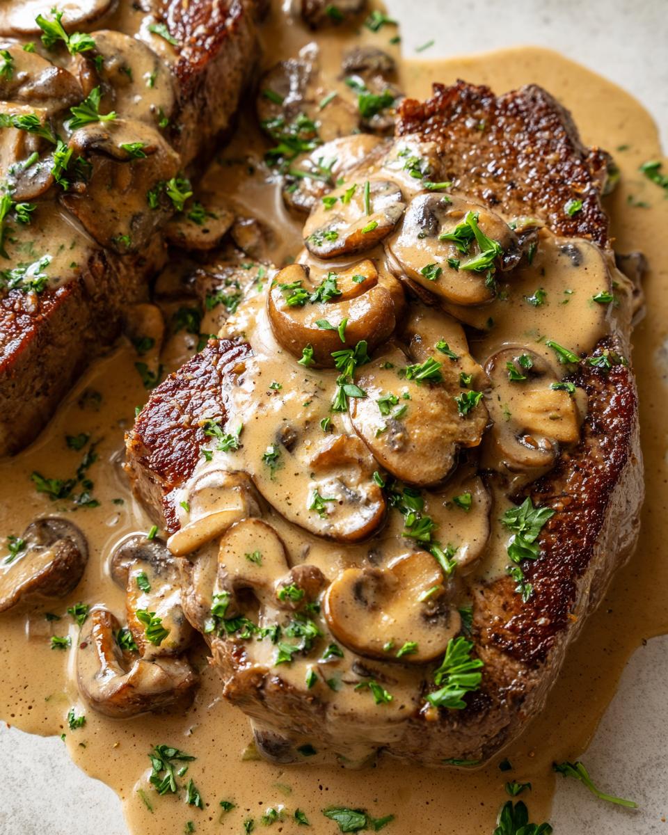 Close-up of seared round steaks smothered in creamy cognac sauce and sliced mushrooms, garnished with parsley.